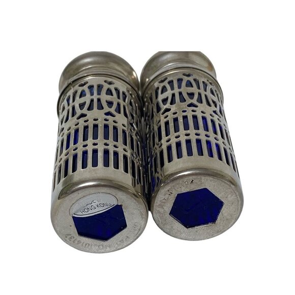 Vintage Salt and Pepper Shakers Blue Glass with Silvertone Overlay 2.75" high - Picture 4 of 8